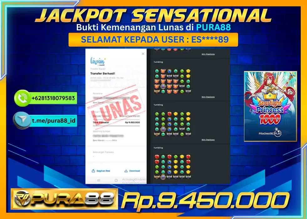 PURA88 JACKPOT STARLIGHT PRINCESS 1000 Rp 9.450.000,- LUNAS